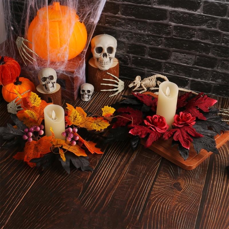 Fall Maple Leaf Candle Wreaths Pack of 5 Tealight Candle Holders Rings for Halloween Parties Table Centerpieces Decors