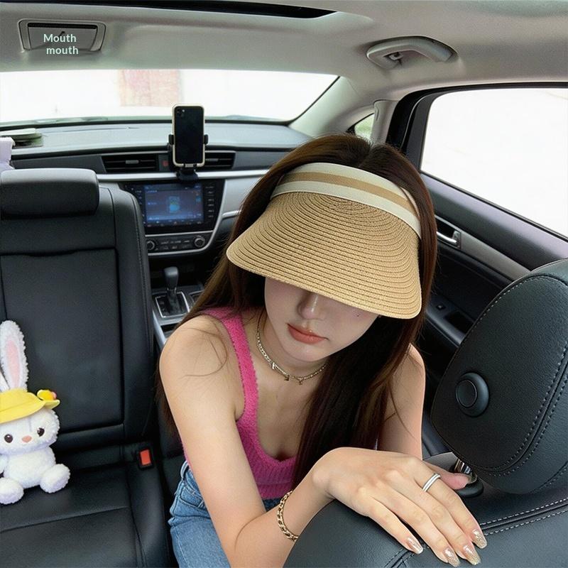 New Summer Raffia Straw Sun Protection Hat Open Top Straw Hat Striped Versatile Uv Protection Women'S Casual Baseball Cap