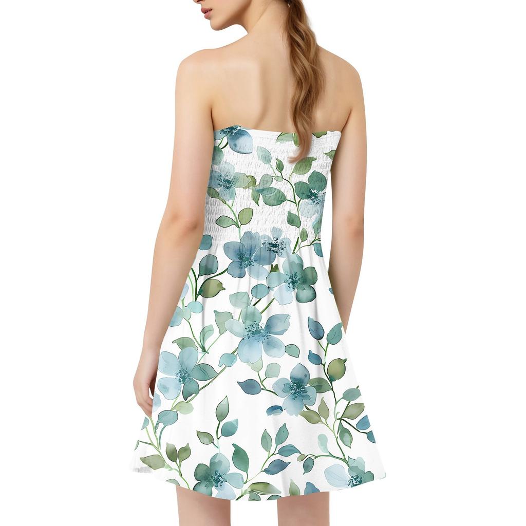 Moda Kadın Günlük Bandeau Çiçek Baskılı Kolsuz Elbise