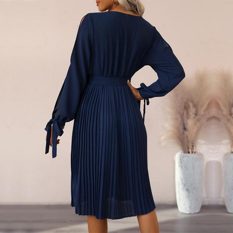 Elegant Hollow Out Long Sleeve V Neck Solid Color Dress for Women Fashion Long Dress Spring Autumn
