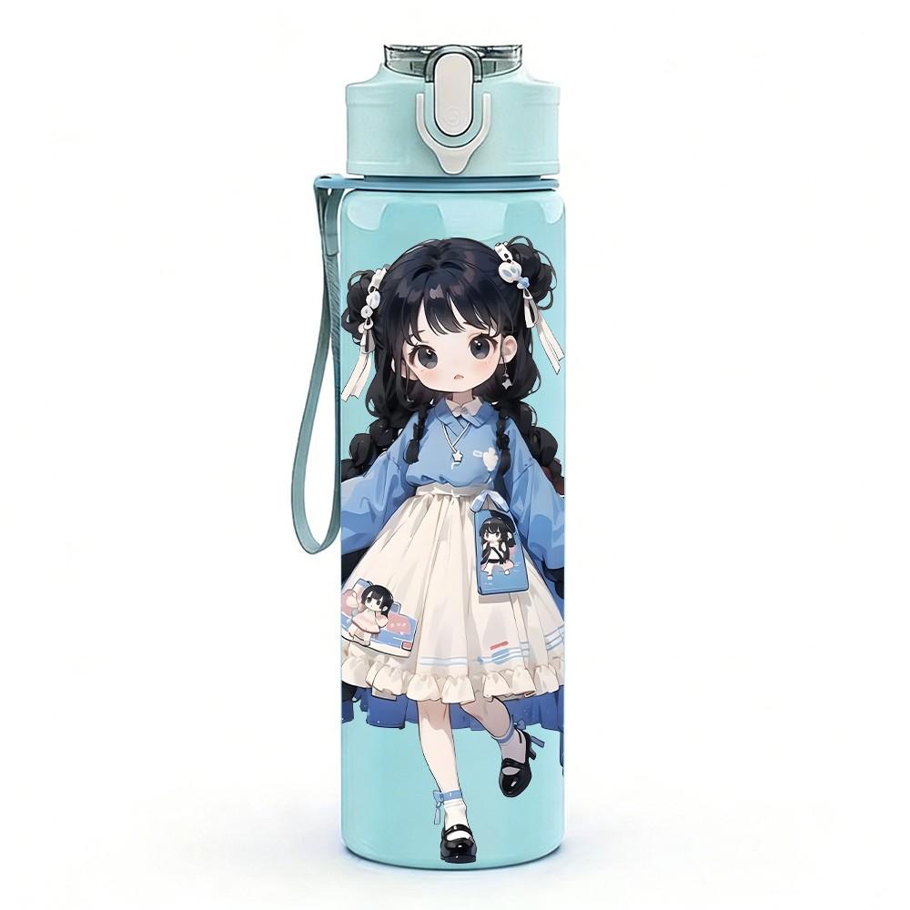 1PC Blue Dress Long Hair Girl Pattern 750ml Color Plastic Sports Water Bottle Leakproof Flip Straw Lid Suitable for Sports Office Home Use