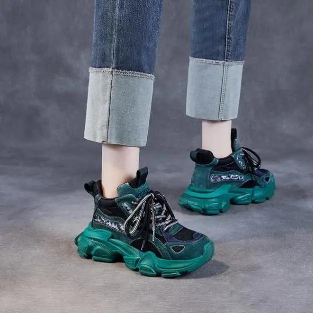 6CM Plateau Frühling Herbst Hohl Damen Bequeme Schuhe Air Mesh Echtes Leder Klobige Sneaker Sandalen Vulkanisiert Atmungsaktiv Slipper