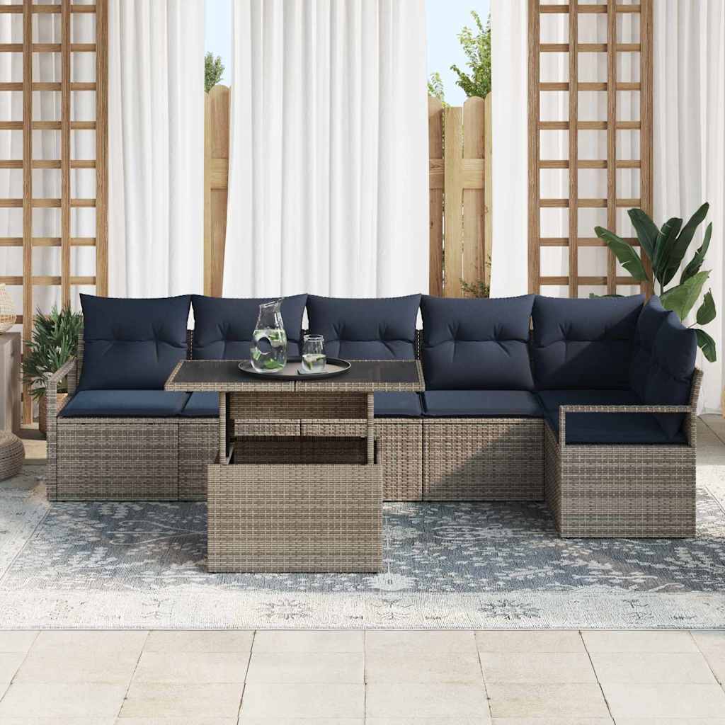 7 Piece Garden Sofa Set with Cushions Gray and Navy Blue Poly Rattan