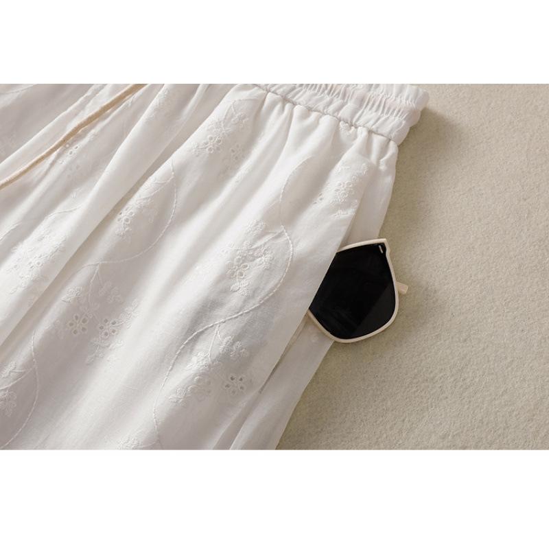 White Hollow Lace Embroidery Wide-Leg Pants with Drawstring - Women's Loose Fit