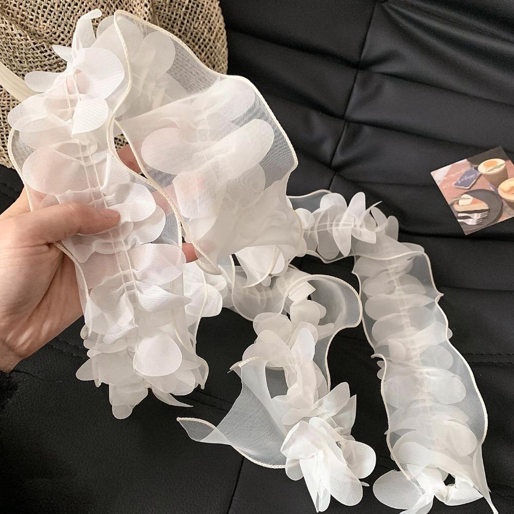 Fashion White Lace Scarf Petal Pearl French Organza Long Skinny Ribbon Long Skinny Headscarf Hair Styling