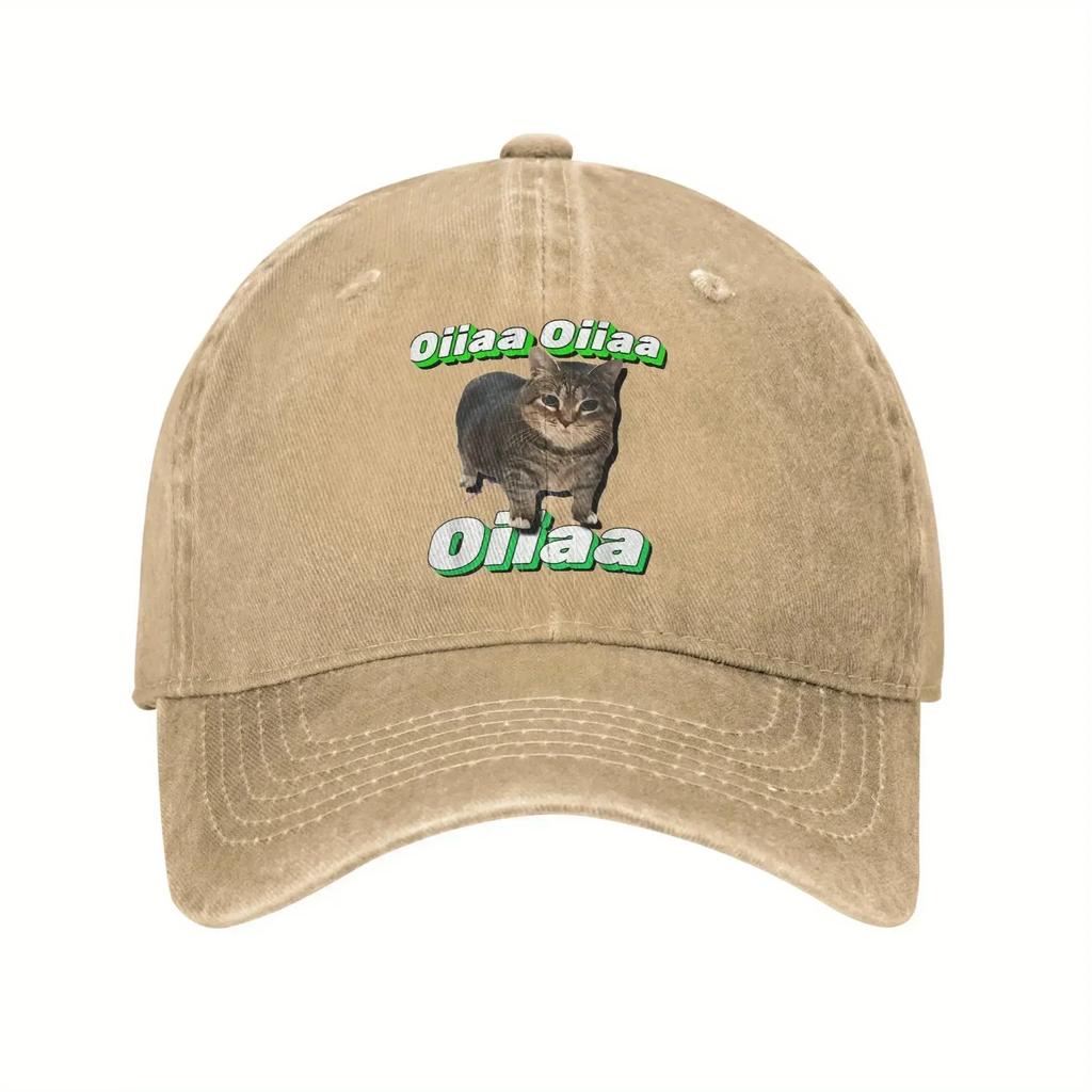 OIIAA Retro Spinning Cat Meme Baseball Cap Adjustable Lightweight Distressed Washed Black Hat With Green Text Casual Outdoor