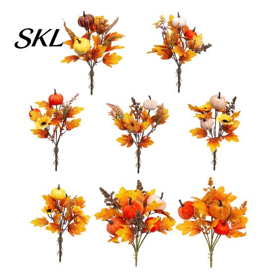 Rustic Autumn Floral Display Artificial Fall Bouquet with Fabric Pumpkins Maple Leaves Wheat Berries, Home Decor for Thanksgiving Centerpieces,
