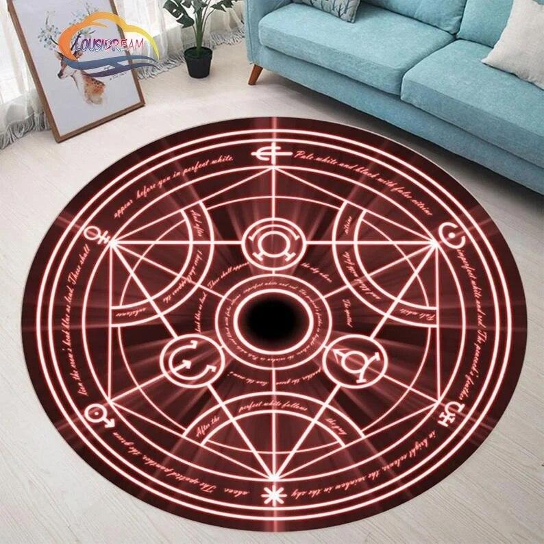 Kulatý koberec se vzorem Pentagram Sun, koberec Satan Devil's Trap, bílý na černém koberci Supernatural Rune