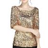 Women's Solid Color Sequined Round Neck Loose Casual Short Sleeve T-Shirt Top