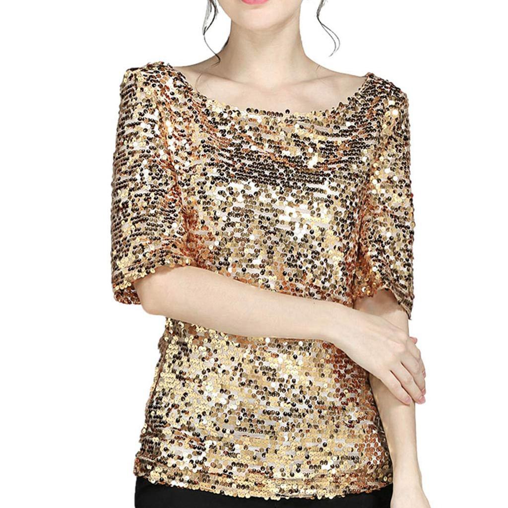Women's Solid Color Sequined Round Neck Loose Casual Short Sleeve T-Shirt Top