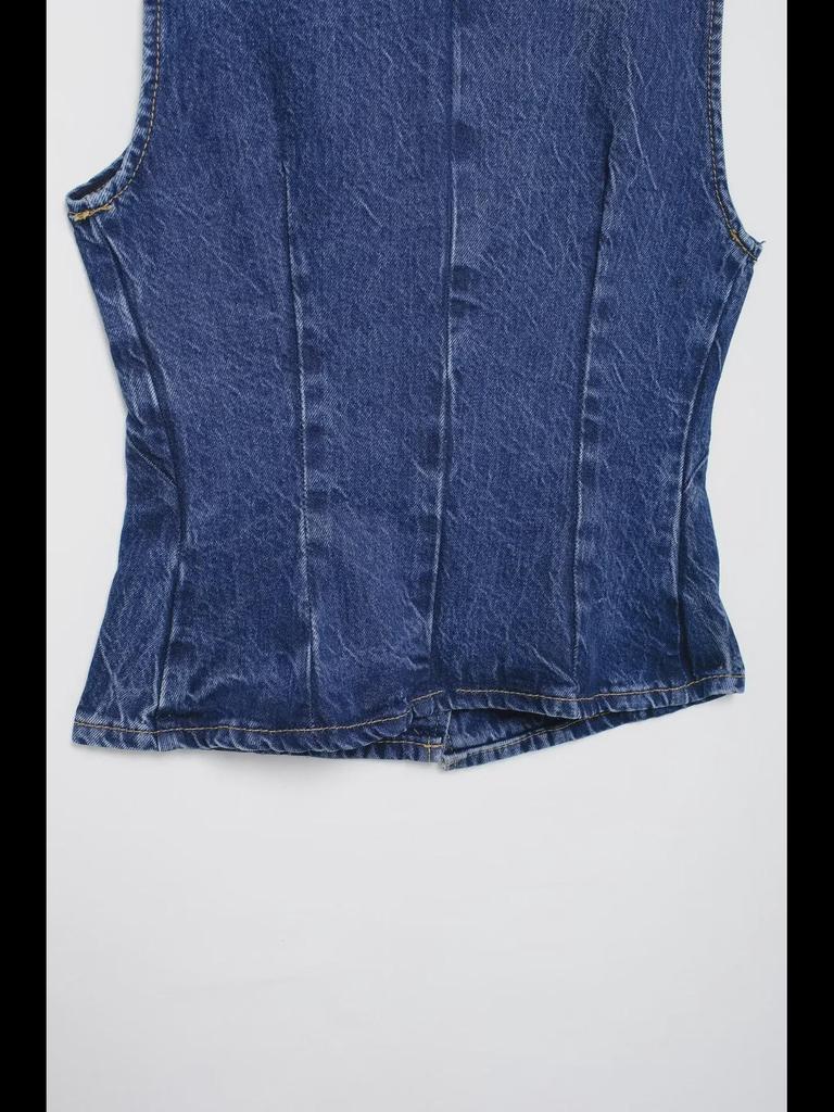 Conjunto de Chaleco Vaquero y Pantalones de Pierna Ancha para Mujer - Cuello Redondo, Cruzado Sencillo.