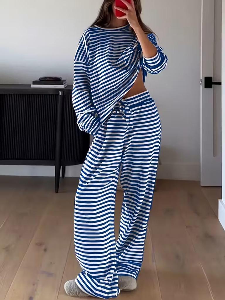 European-American Women's Striped Long Sleeve Top & High Waist Pants Set - Autumn 2025 Fashion Casual Wear.