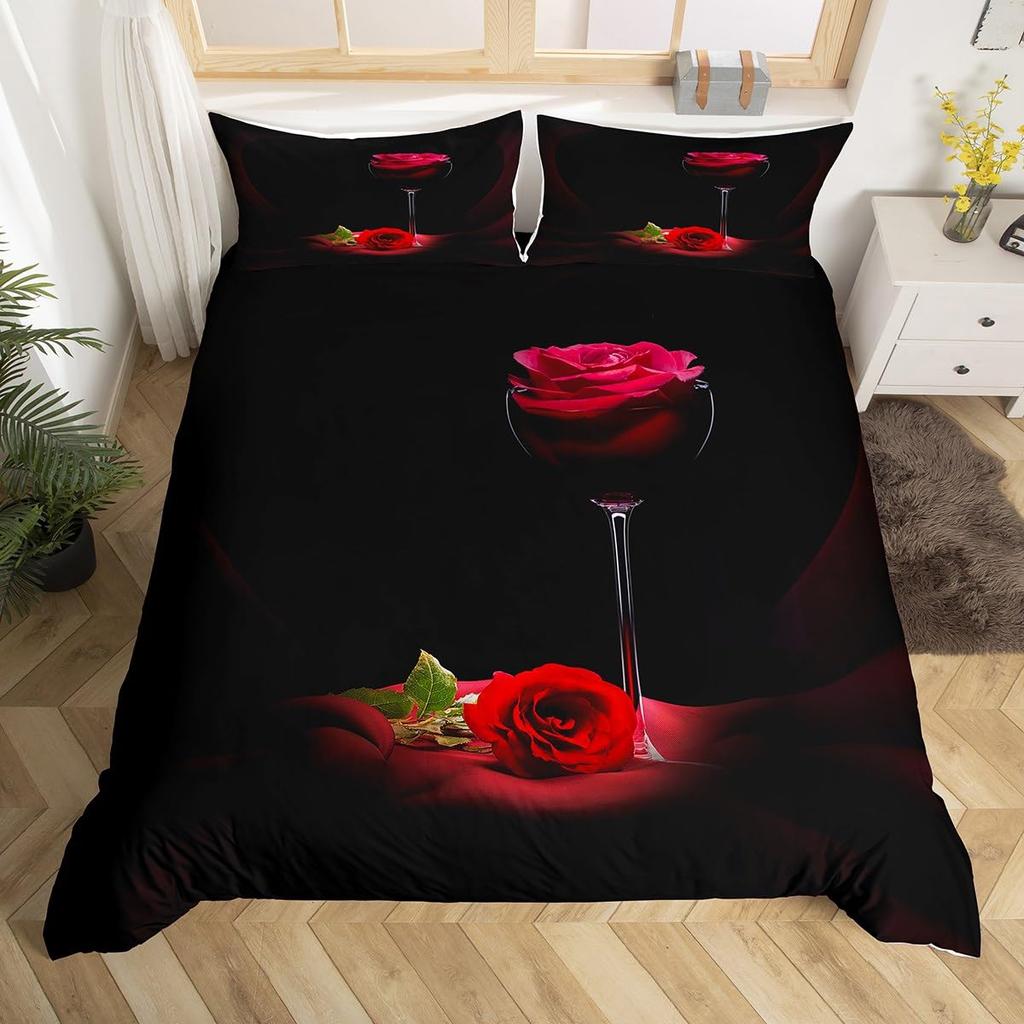 Valentine's Day Duvet Cover Queen Full Red Rose Romantic Flower Duvet Cover Heart Shaped Print Floral Black Soft Comforter Cover