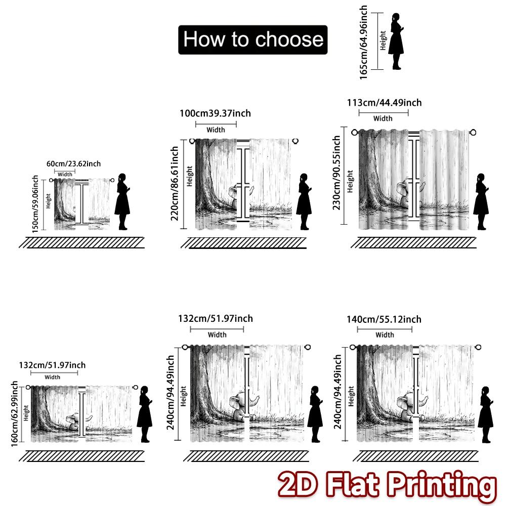 2D flat printing 2pcs Curtain Window Curtains Little Elephant in Rain Digital Printed Polyester Drapes Family Party Perfect for