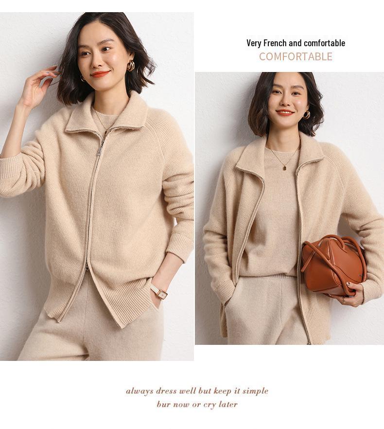 Cashmere Loose Polo Lapel Solid Color Double Zipper Knit Cardigan Sweater for Women - 2026 Autumn/Winter Collection.