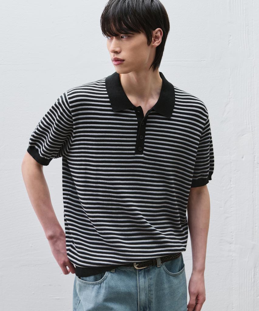 DRAW FIT Repose Striped Polo Knit [Black]