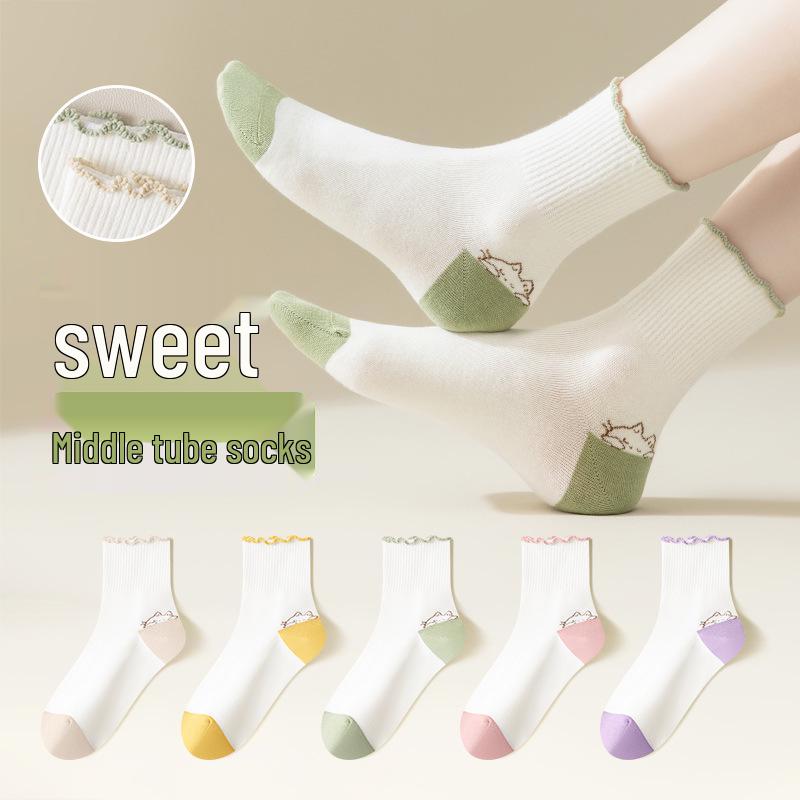 

Japanese Cute Kitten White Lace Socks - Women s Spring/Autumn Mid-Calf Loose Fit One Size 36-39 розовый