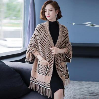 Cape Cloak Women's Coat Autumn New Fashionable and Western-style Cardigan Shawl Sweater Plaid Female