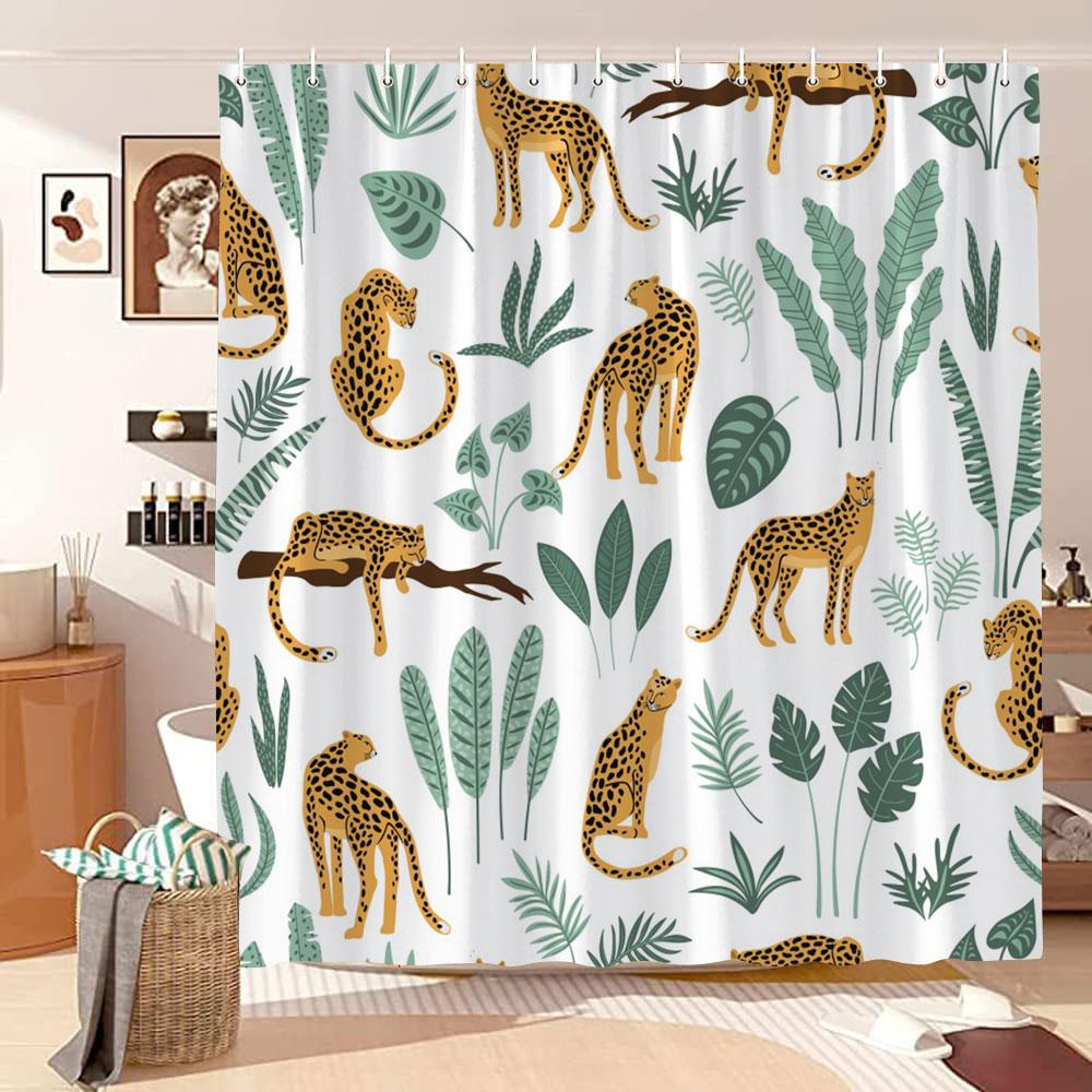 Dunika Chen Mid Century Leopard Tropical Botanical Shower Curtain Palm Leaf Simple Colour Matching Minimalist Shower Curtains Bathroom Decor