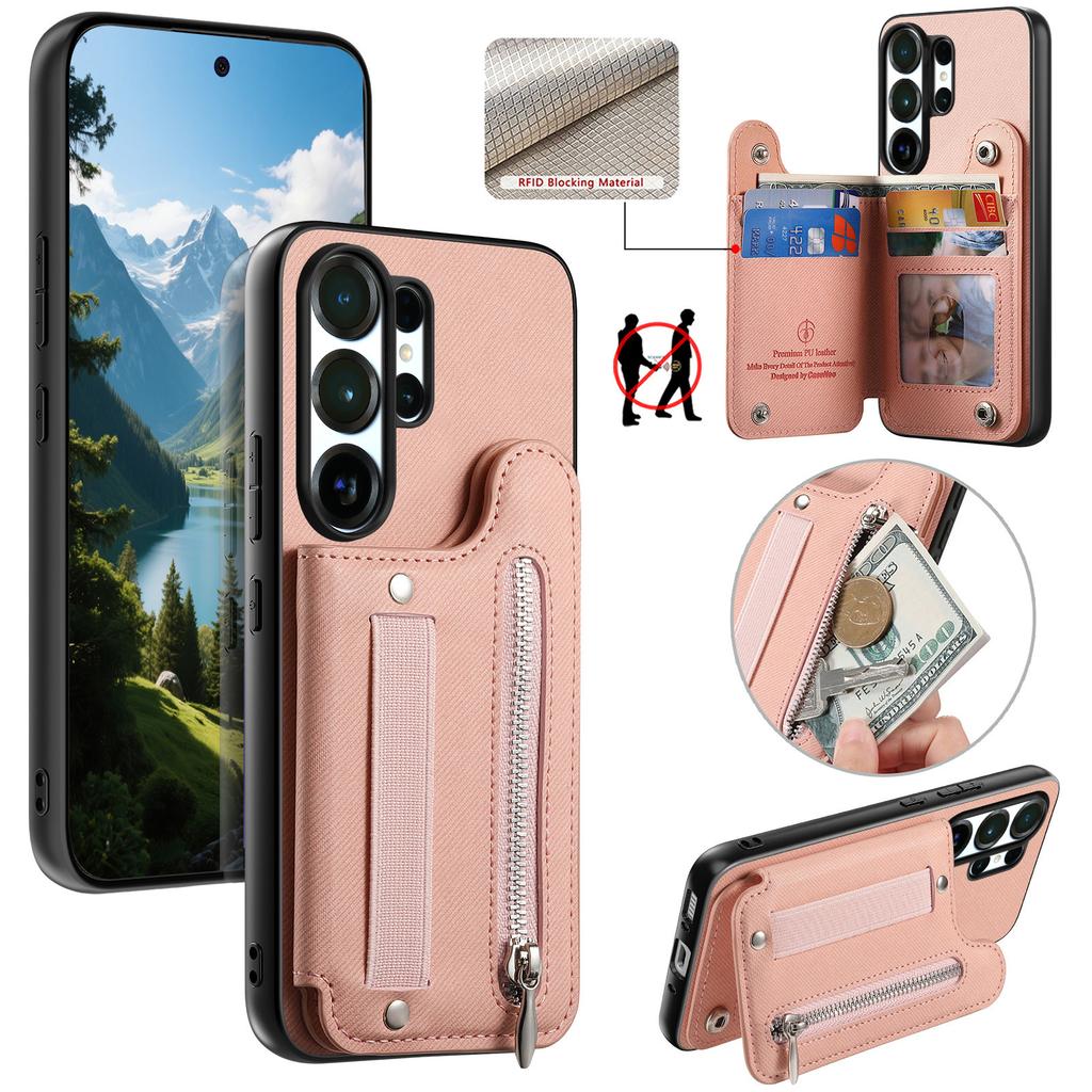 Magnetic Zipper Elastic Wrist Strap Cards Solt Wallet Leather Case For Samsung S25 Ultra S24 Plus S23 A17 A07 kickstand Cover