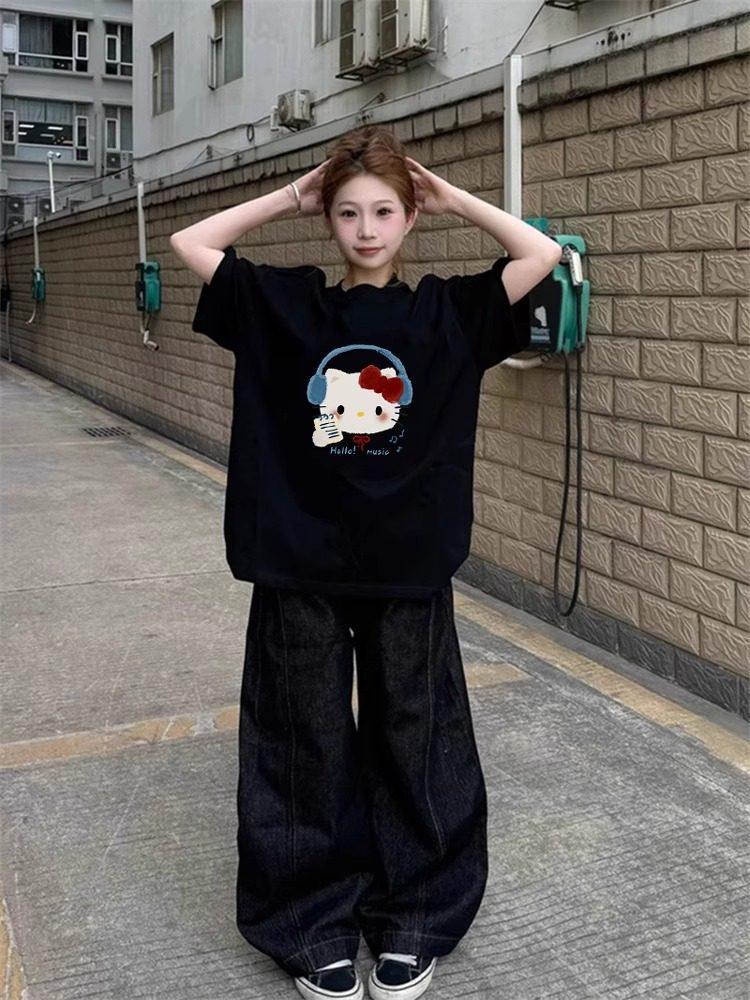 Women's Black Pure Cotton Loose-Fit Short-Sleeve T-Shirt - High Street Trend, Summer 2026, Plus Size 300 Jin