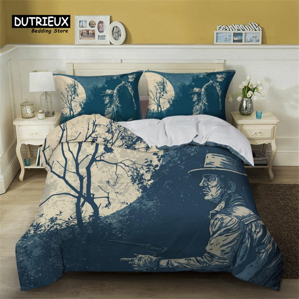 Western Cowboy Duvet Cover Set Traditional Rodeo Hat Bedding Set King For Kids Boys Teens Microfiber Sunset Scenery Quilt Cover