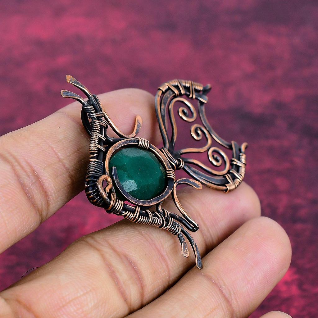 Faceted Zambian Emerald Pendant Copper Wire Wrap Gemstone Handmade Fish Jewelry