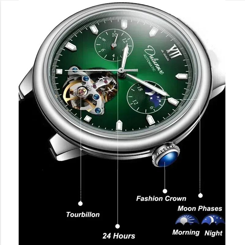 Dulunwe Luxury Men's Watch with Moon Phase & Tourbillon Retro Hollow Mechanical Wristwatch Stainless Steel Automatic Movement Men Watches