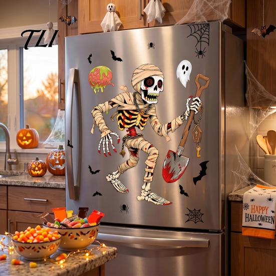 Easy Apply Glass Clings Halloween Window Clings, Pumpkins Skeletons Ghosts And Bats Print Decorative Decals, Electrostatic PVC Static