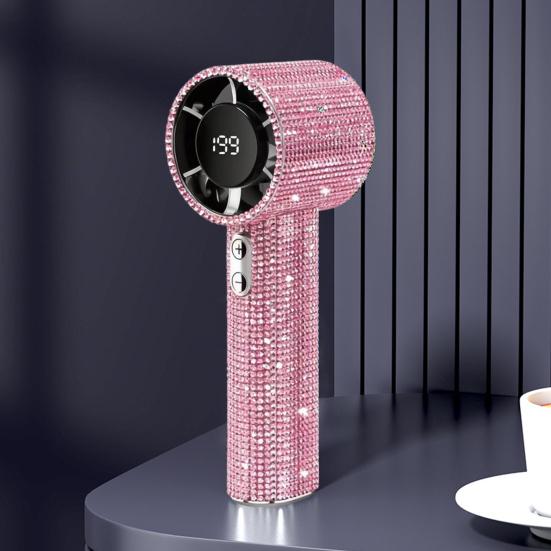Rhinestone Handheld Fan with Digital Display Turbo High Speed Portable Mini Fan Quiet