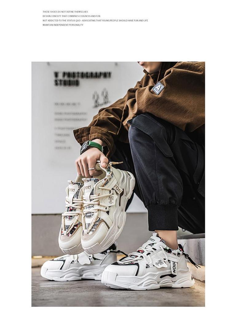 Men's Spring 2025 White Breathable Sneakers: Trendy, Versatile, Thick-Soled Casual Shoes