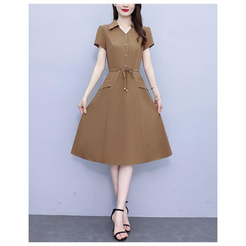 YYFS Damenmode Sommer Frühling Einfarbiger Druck Kurzarm POLO-Ausschnitt Hohe Taille Freizeitkleider