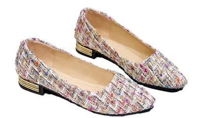 [Estilo 1/2] Sapatos Baixos de Tweed Estilo Nibunnoichi com Padrão Xadrez Ballet, Confortáveis para Mulheres (Multi, Tamanho 25,0 cm)