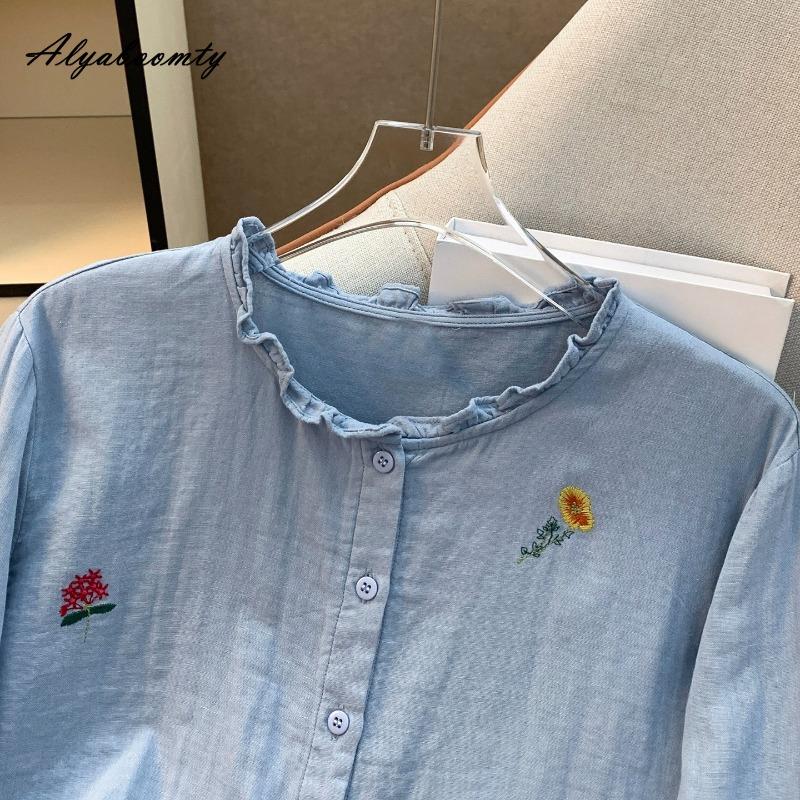 2026 Plus Size Spring Autumn Women Shirt Ruffled Collar White Blue Floral Embroidery Blouse Long Sleeve Cotton Basic Loose Blouse