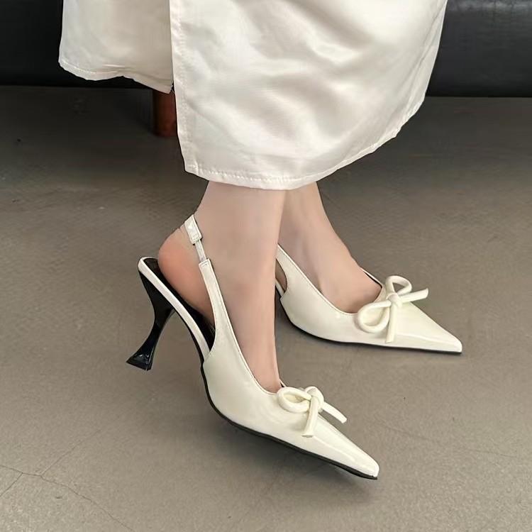 Stil european și american cu vârf ascuțit, geantă cu fundă, toc subțire, toc înalt, temperament, modă cu simț înalt, un cuvânt cu pantofi simpli goi