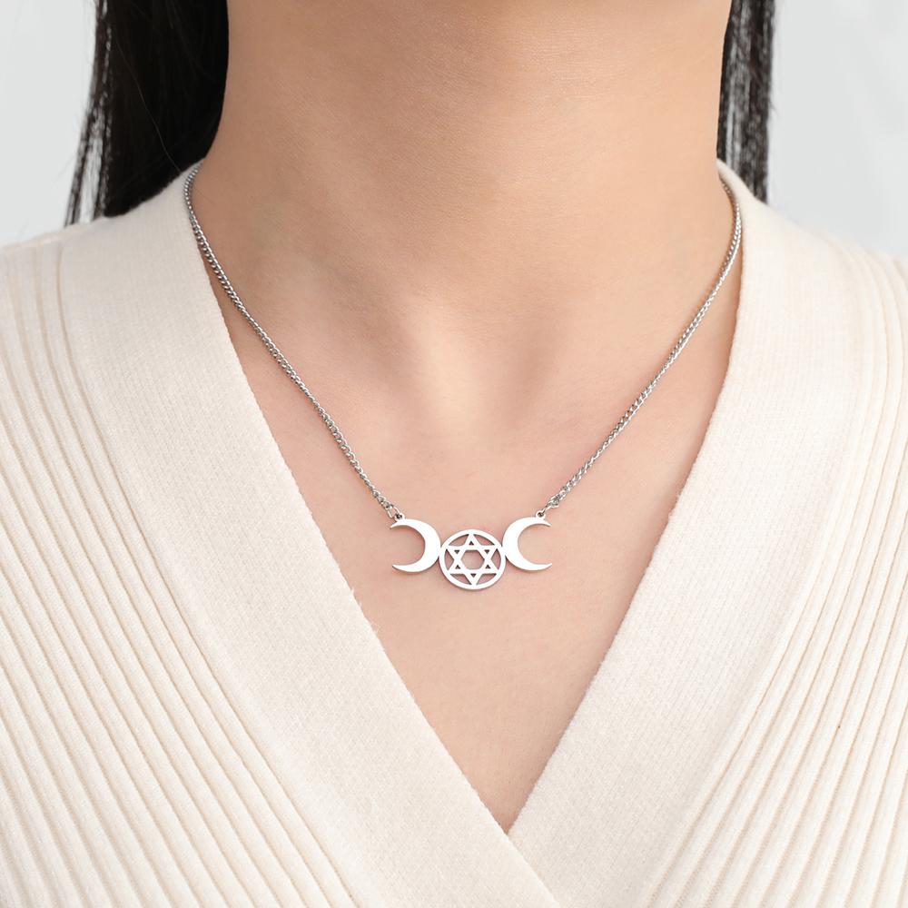 Dawapara Triple Moon Hexagram Necklace Jewish Star of David Moon Phase Pendant Wiccan Goddess Jewelry Stainless Steel