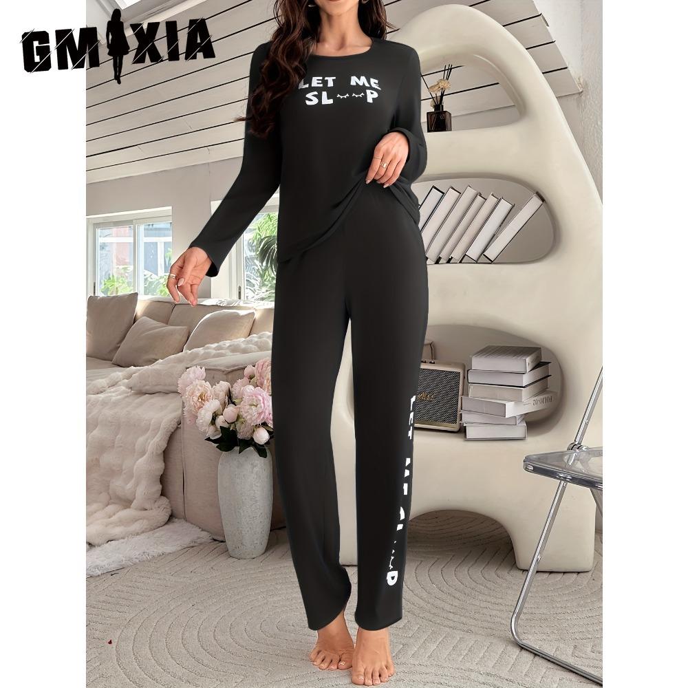 GMXIA Pyjamas Homewear Letters Long-sleeved Tops and Trousers Loose Casual Comfortable Two-piece Set Can Be Worn Outside