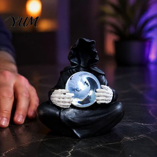 Gaming Room Decoration Faux Crystal Ball Grim Reaper Statue, Gothic Resin Black Robed Skull Statue Sculpture with Glowing Clear Ball, Mysterious