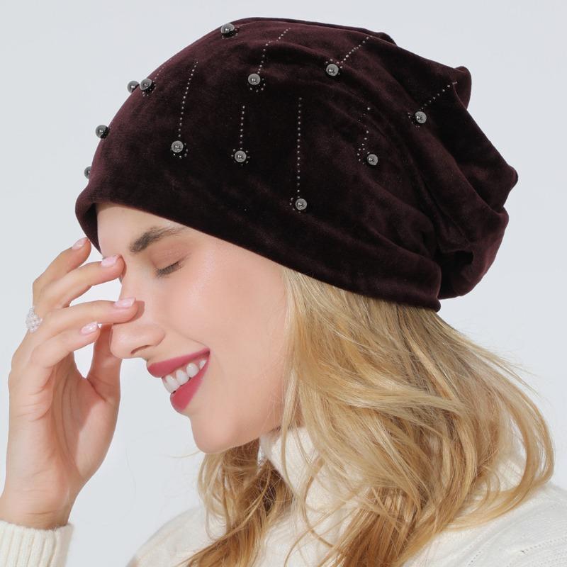 

Осенне-зимняя женская горячая толстовка с бриллиантами и бусинами, модная универсальная двухслойная флисовая теплая послеродовая шапка one size