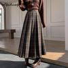 Japanese Preppy Style Autumn Winter Women Pleated Skirt Elastic Waist Brown Gray Plaid Woolen Skirt Vintage Warm Wool Midi Skirts Womens