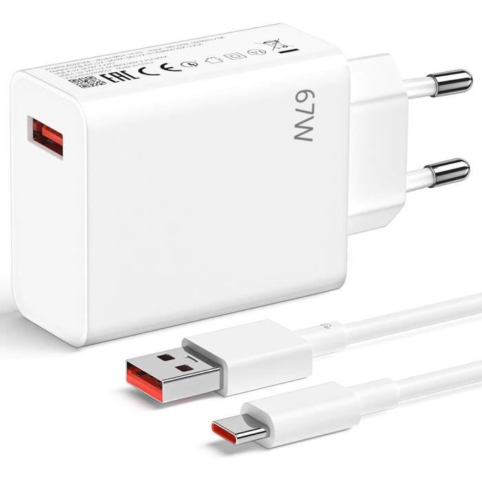 Chargeur Rapide USB 67W + Câble USB-C 6A 1M Blanc pour Xiaomi Redmi 14C/13C, Redmi 12 4G-5G, Redmi 9, 9A, 9C, 10A, 9T, 10C