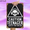 Tin Sign Warning Caution Teenager Enter At Your Own Risk Poster Funny Skull Rock Metal Plaque Wall Decor for Garage Bar Man Cav