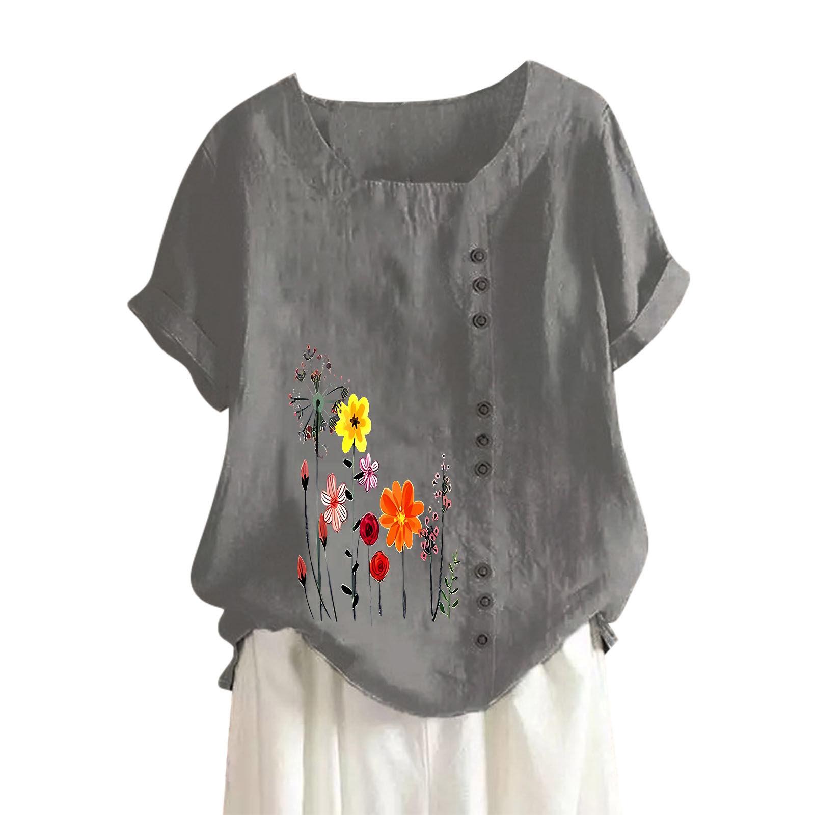 

Женская рубашка больших размеров с короткими рукавами и цветочным принтом, повседневная футболка с круглым вырезом и разрезом по низу XXXXXL темно серый