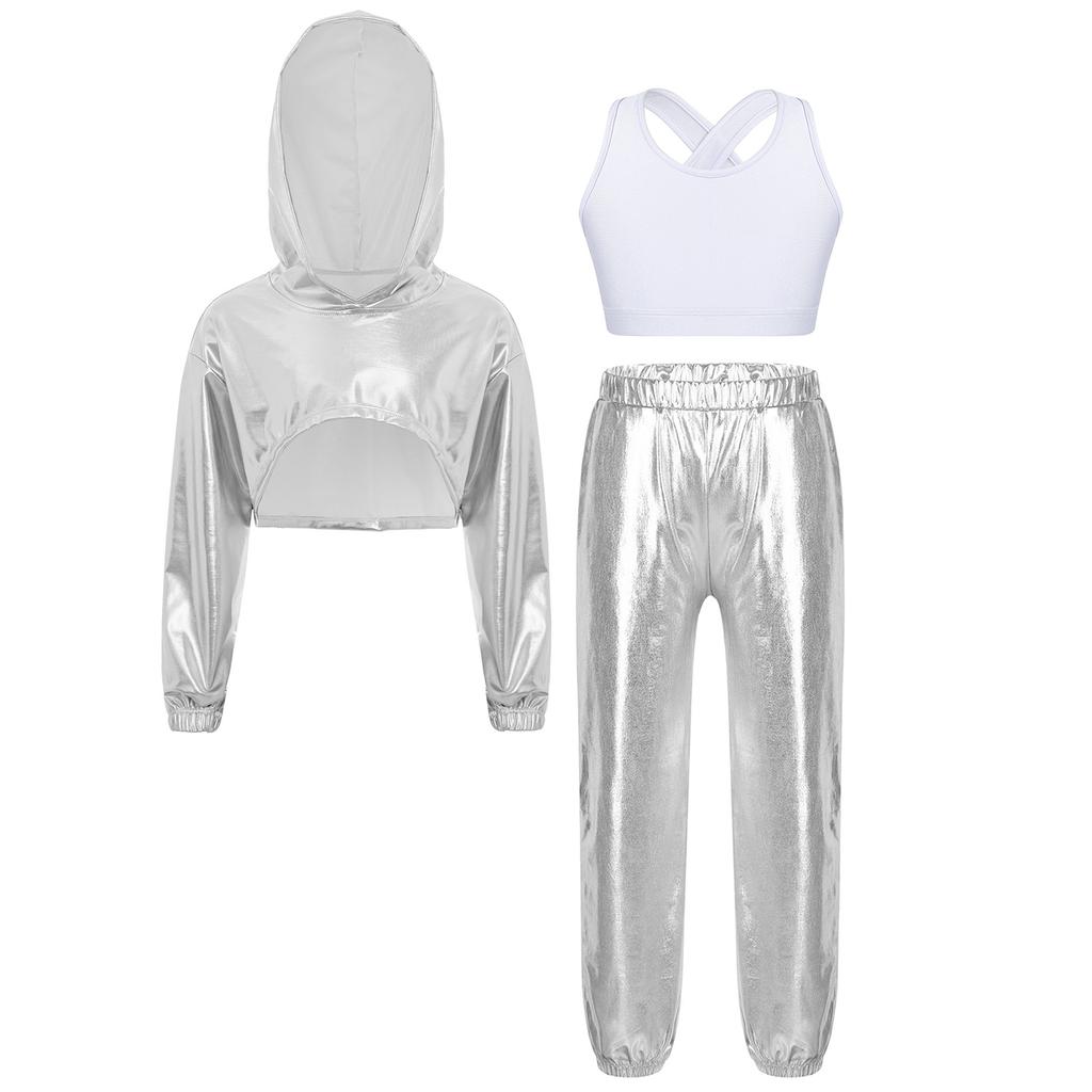 Girls Hip Hop Jazz Dance Costume 3 Piece Set Metallic Cropped Hoodie Sleeveless Keyhole Back Vest Pants
