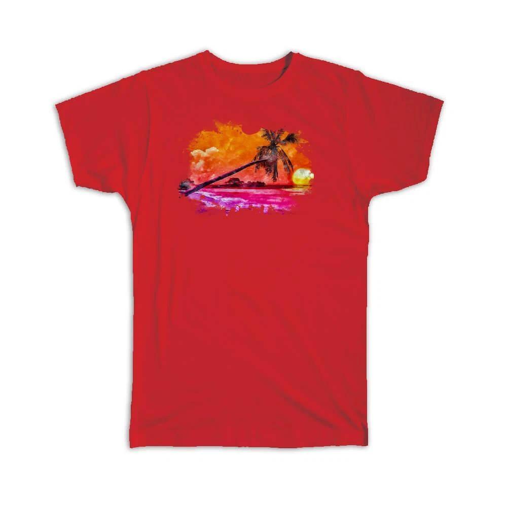 Gift T-Shirt : Watercolor Scenary Sunset Palm Beach Frame Tropical M