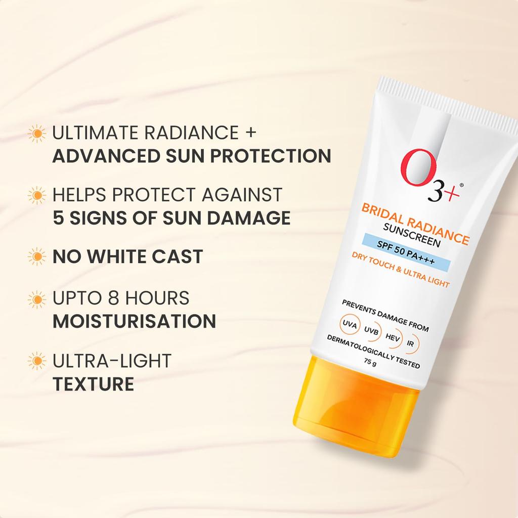 O3+ Bridal Radiance Sunscreen SPF 50 PA +++ 75g Dry Touch Non-Greasy Ultra Light Protection