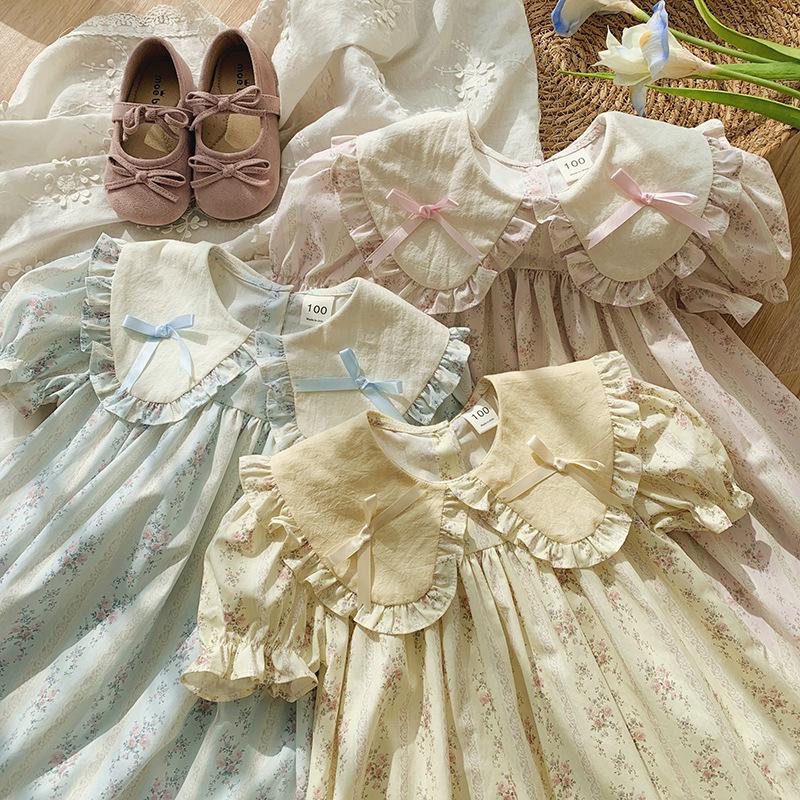 2026 Summer Doll Collar Color Block Girls' Dress – French Print Short Sleeve Princess Korean Style