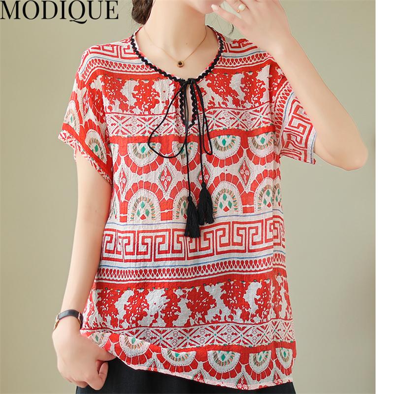 MODIQUE Women Short Sleeve T-shirt Summer Plus Size Loose Casual Elegant Cotton Linen Print Blouse Shirts Lady Basics V-Neck