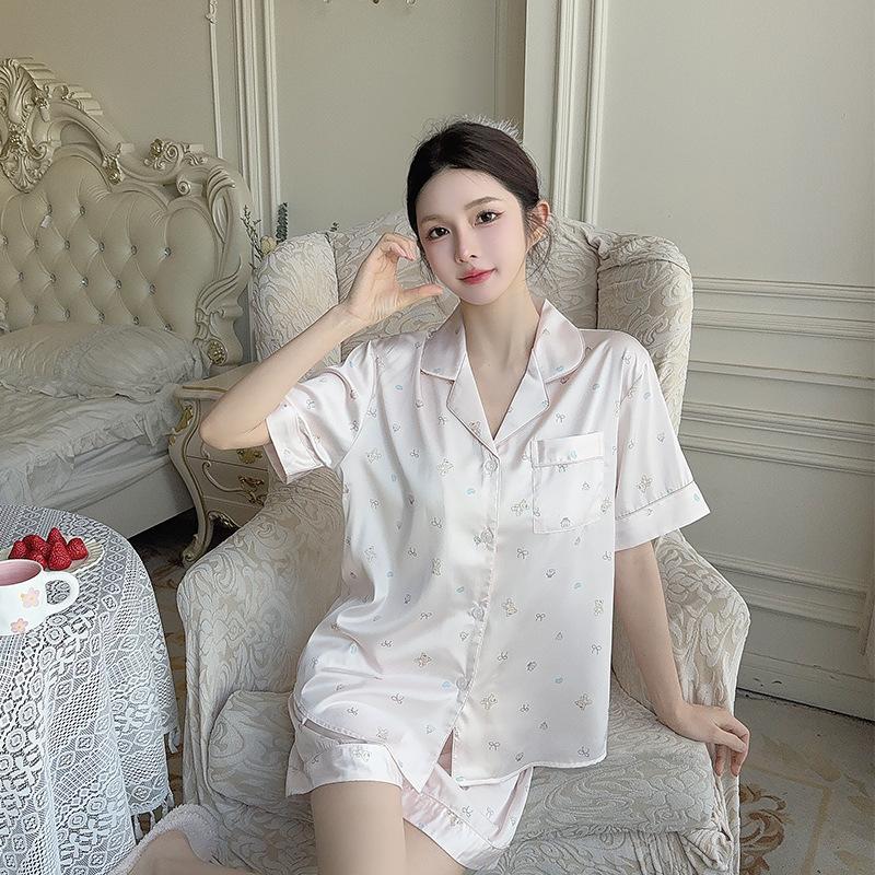 Plus Size Women’s Summer Ice Silk Pajama Set Short Sleeve Top and Shorts Lightweight Loungewear Sleepwear