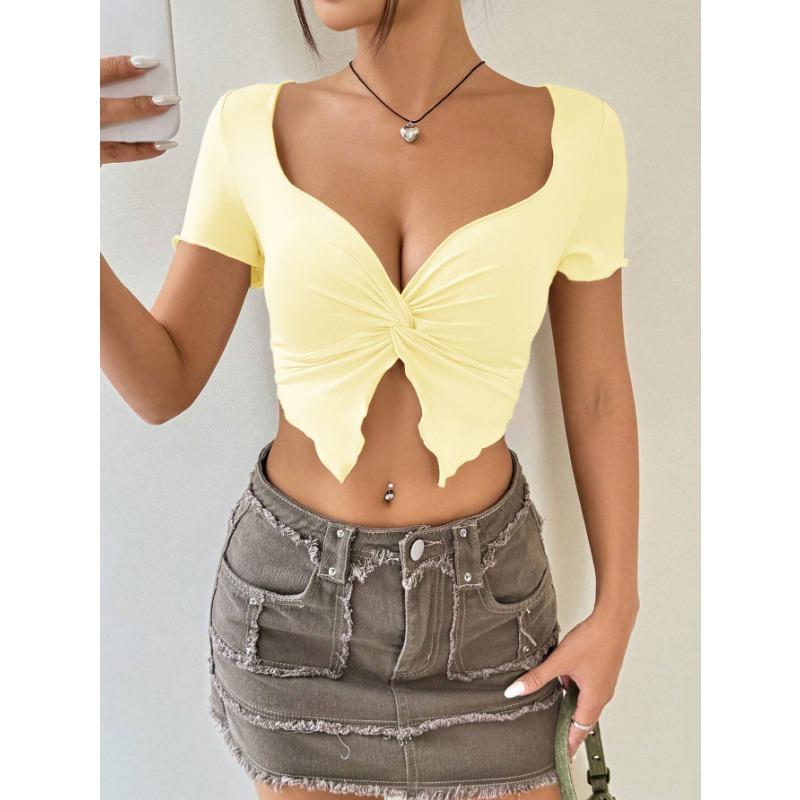 Women Sexy Twist Ruched Deep V Neck Short Sleeve Cropped Top